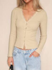 Sydney Algeri Women's Lace Frill Trim Fitted Cardigan Long Sleeve Top - Apricot - View 3