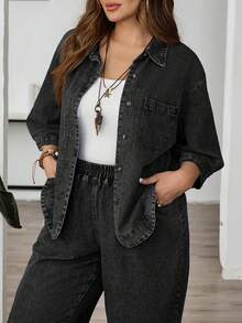 EMERY ROSE Mature Denim Plus Size Drop Shoulder Short Sleeve Front Button Loose Denim Top, Summer Fashion - Black - View 9