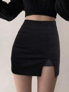 DAZY Women's Solid Color Asymmetric Hem Bodycon Elegant Skirt - Black - View 6