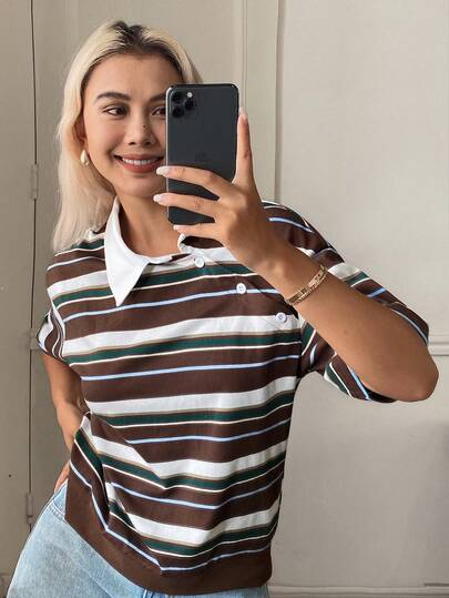 Livesso Women's Striped Short Sleeve Button Design Casual T-Shirt