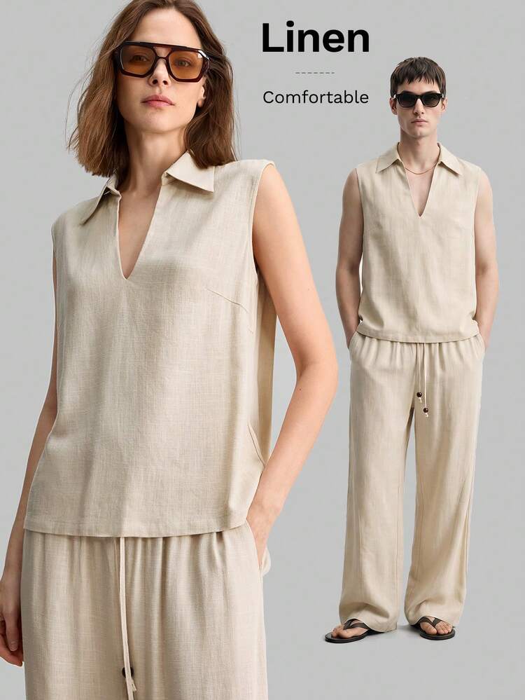 2026 SS New Linen Blend Women's Loose Fit Sleeveless Top, Solid Apricot Color, Minimalist Elegant Urban Chic V-Neck Collar Design, Woven Fabric, Suitable For Outings, Vacations, Parties, Meetings, Office, School, Casual Commute, Versatile Women's Tank Top, Unisex Fashion Design, Independent Day, Old Money