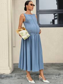 MaterniWear Maternity Sleeveless Casual Elegant Maternity Dress With Geometric Texture Photoshoot Baby Blue Summer - Blue - View 4