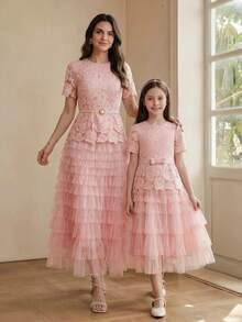 Anewsta Girls' Summer Dress Festival Outfits, Round Neck Pink Bow Tulle & Lace Patchwork Dress - Pink - View 1