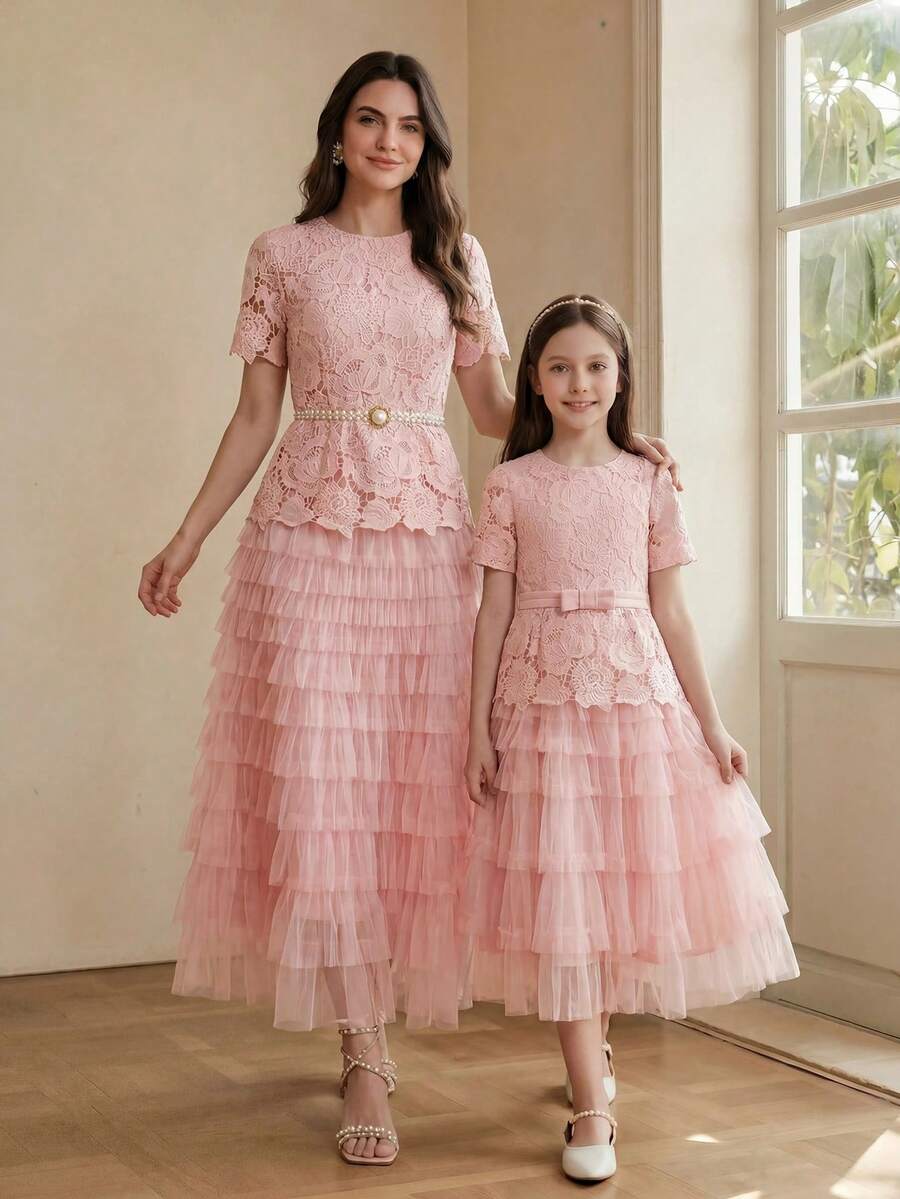 Anewsta Girls' Summer Dress Festival Outfits, Round Neck Pink Bow Tulle & Lace Patchwork Dress - Pink - View 1