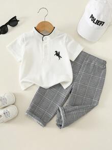 SHEIN 2件套婴儿/男婴休闲可爱校园风polo衫和格子长裤套装，男婴夏季服装 - 白色 - 查看 4
