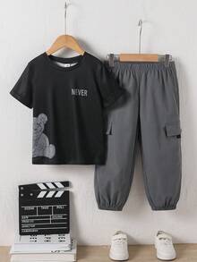 男童春夏两件套服装 - 印花黑色短袖T恤搭配工装裤，休闲百搭套装 - 灰色 - 查看 2