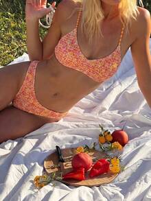 Swim Mod 26SSWomen Orange And Pink Ditsy Floral Bikini Set Cute Tropical Two-Tone Summer Bohemian Sexy Beach Party Vacation Holiday Swimwear Western Boho - Multicolor - View 5