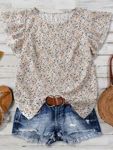 EMERY ROSE Women's Ditsy Floral Regular Fit Vacation Casual Commute Shirt With Ruffle Sleeves - Apricot - View 1