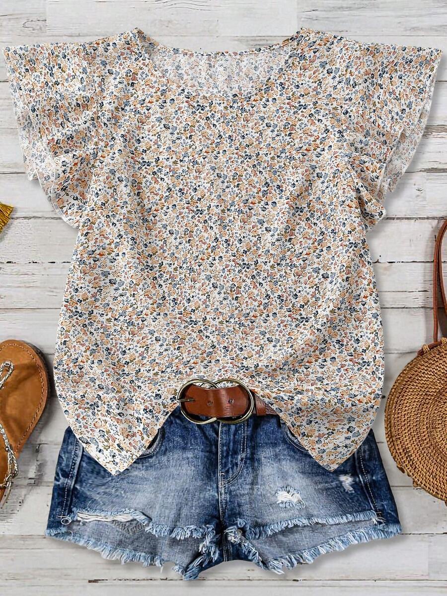 EMERY ROSE Women's Ditsy Floral Regular Fit Vacation Casual Commute Shirt With Ruffle Sleeves - Apricot - View 1