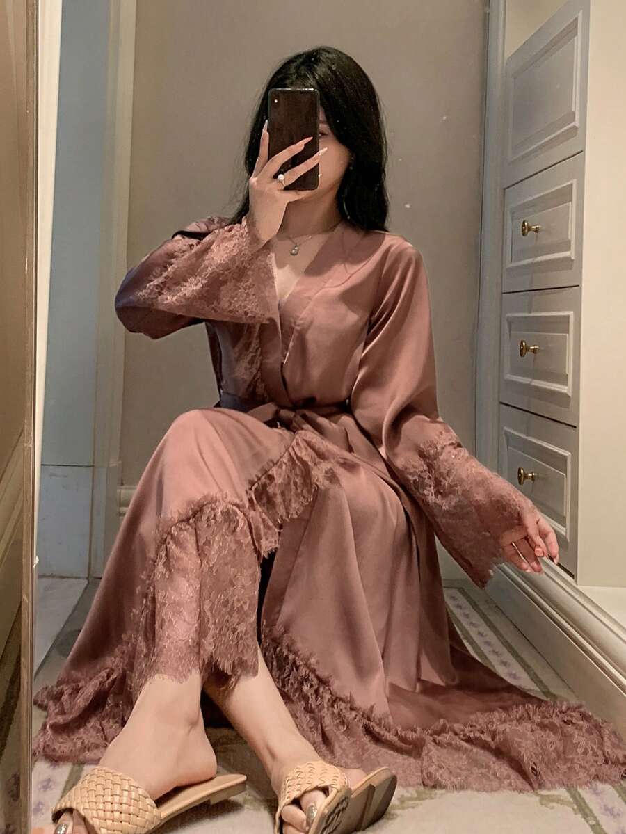 DAZY Women's Solid Color Contrast Lace Long Sleeve Elegant Robe Pajamas - Brown - View 1