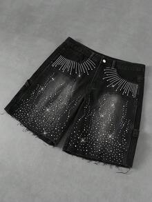ROMWE MEN Street Life Men's Street Fashion Rhinestone Distressed Denim Shorts - Black - View 5