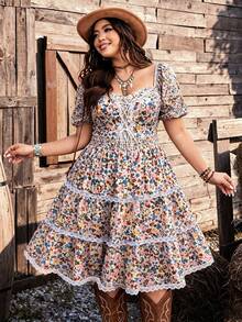 Ceyna Plus Size Bohemian Style Vintage Floral Patchwork Ruffle Trim Dress - Multicolor - View 3