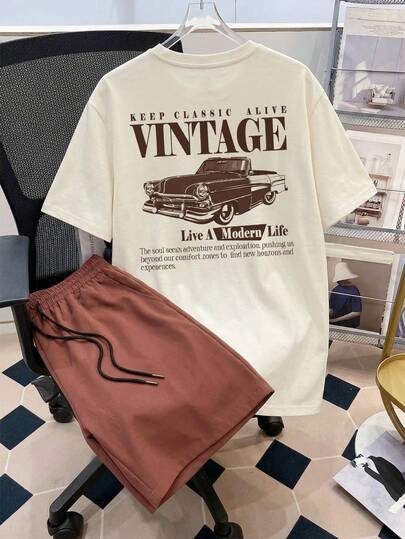 Manfinity Joysei Men's Fitted Apricot Knit Top And Brown Woven Shorts Set, Vintage Car Print Design, Men's 2-Piece Outfit, Suitable For Summer Outings, School, Boyfriend Gift