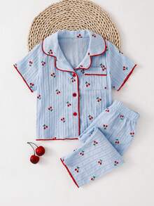 2pcs Baby Girls' Red Cherry Print Comfortable Jacquard Collar Short Sleeve Top And Pants Homewear Set - Blue - View 1
