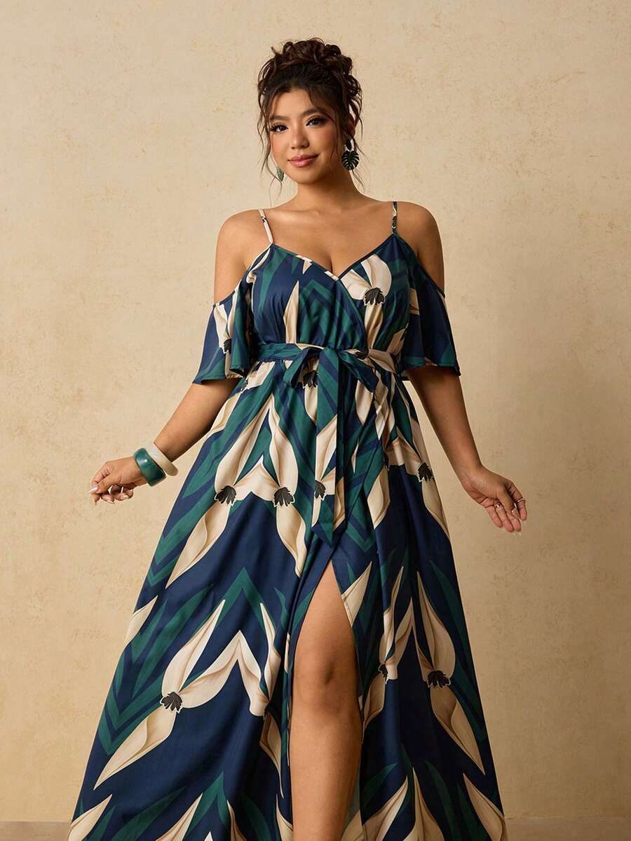 Travachic Plus Size Casual Vacation Floral Print Off-Shoulder Camisole Dress - Multicolor - View 1