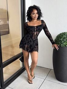 Alexandranx Women Flocked Mesh Cutout Bow Decor Long Sleeve See-Through Dress Fall Cloth For Women Elegant ,Petite Women - Black - View 4