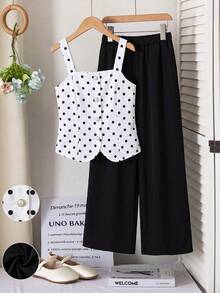 SHEIN 2件組少女復古法式黑白波點夏季80年代風格婚禮賓客穿搭，珍珠鈕扣細肩帶上衣搭配黑色寬腿長褲 - 黑色 - 查看 8
