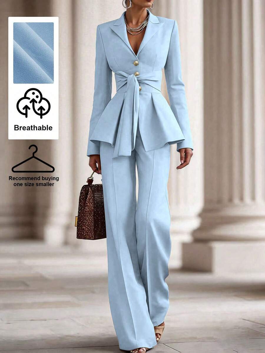 SHEIN Women's Solid Color Knotted Waist Long Sleeve Jacket And Pants Casual Suit, Suitable For Commuting And Daily Wear - Blue - View 1
