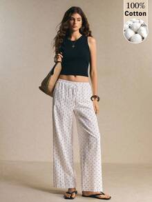 Poéselle Women's White And Black Polka Dot Drawstring Waist Loose Pants, Pocket Casual Country Pants,Boho Autumn Vacation Holiday Outfits, Vacation - Black and White - View 3