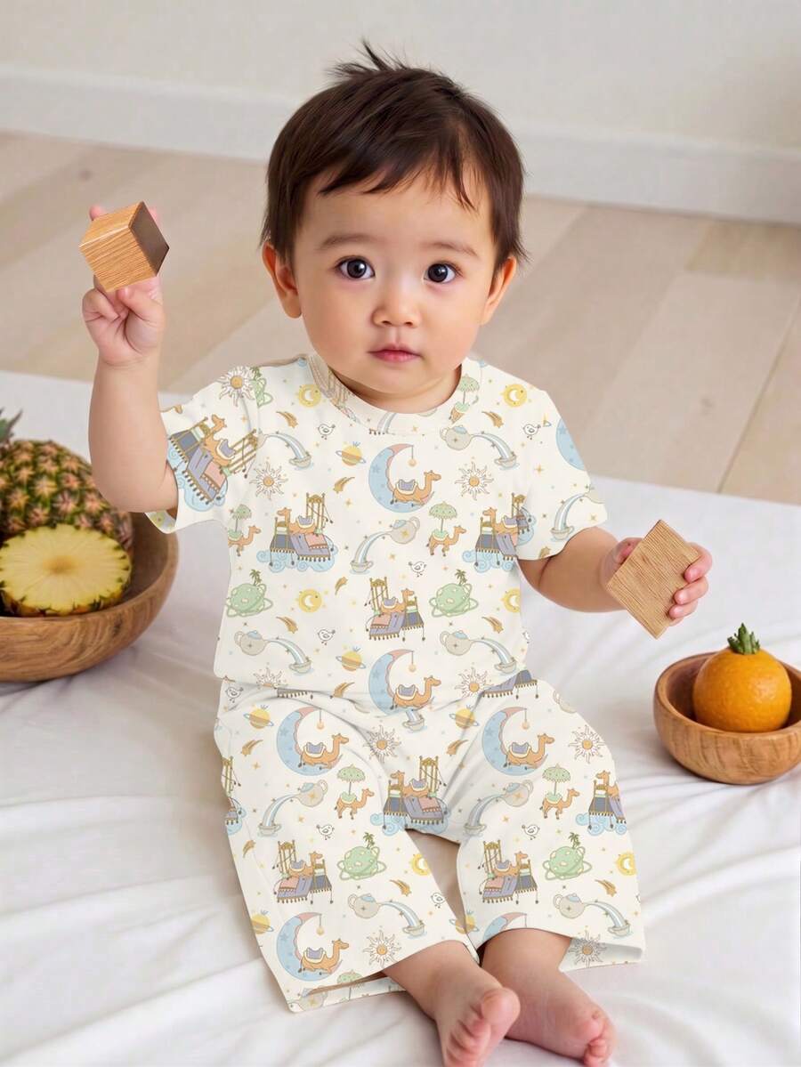 男婴卡通印花圆领短袖上衣和裤子休闲家居服套装 - 彩色 - 查看 1