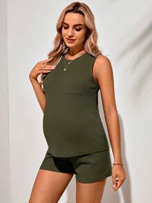 SHEIN 孕妇纯色圆领背心和短裤两件套 - 軍綠色 - 查看 6