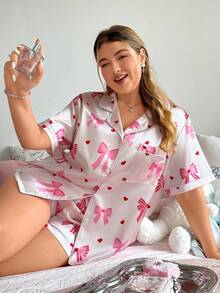Slumberry CURVE Cute Ins Style Bow & Heart Print Lapel Cardigan Plus Size Women Pajama Set - Multicolor - View 2