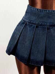 Mistrie Rok Mini Denim Lipit Kasual Wanita, Musim Panas - Dark Wash - View 5