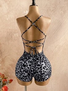 Soleia Gray Summer Boho Holiday Vacation Holiday Women's Leopard Print Spaghetti Strap Tie-Up Slit Neck Jumpsuit,Beach Wedding Guest Graduation Outfits - Black and White - View 2