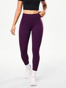 SHEIN 女士两件套纯色无缝瑜伽紧身裤高腰宽腰带提臀健身跑步运动裤女士运动服 - 黑色 - 查看 6