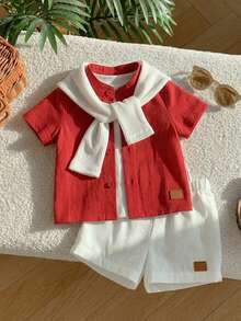 Set Baju Lengan Pendek dan Celana Pendek Pinggang Elastis Gaya Sekolah Kasual Lucu untuk Bayi Laki-laki Baru Lahir - Red and White - View 10