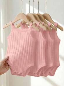 SHEIN Set unisex de cinci piese pentru bebeluși, băieți și fetițe: casual, simplu, tricotat, confortabil, elastic, culoare uni, cu bretele, body cu deschidere între picioare, perfect pentru vară - Baby Pink - Vizualizare 3
