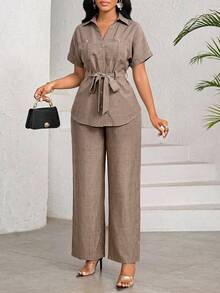 SHEIN Lady Bộ đồ nữ mùa hè thường ngày gồm áo và quần, gồm 2 món. - Màu Khaki - Xem 5