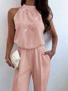 Firerie Women's Elegant Dusty Pink Summer Sleeveless Mandarin Collar Pearl Embellished Slim Fit Wide Leg Jumpsuit,Party Office Wear Wedding Guest Outfit - Baby Pink - View 2
