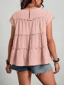 Freevana Plus Size Women's Solid Color Round Neck Pleated Casual Versatile Daily Wear Blouse - Dusty Pink - View 2