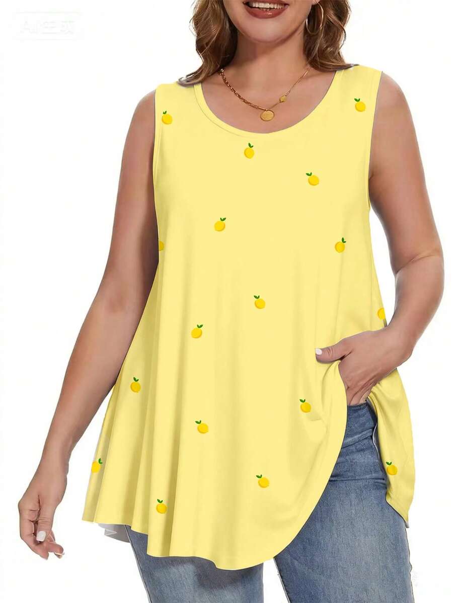 SHEIN LUNE Kaos Wanita Ukuran Besar Model Rompi, Nyaman untuk Musim Panas, Motif Nanas Tropis. Kaos Model Rompi dengan Motif Cetak. - MultiWarna - View 1