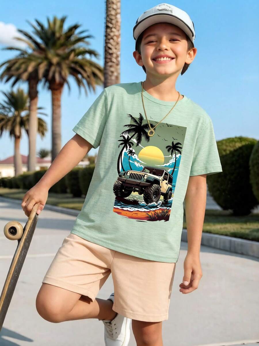 SHEIN 2pcs/Set Tween Boy Palm Tree Print Short Sleeve T-Shirt And Solid Shorts Set, Suitable For Casual, Holiday, Sports, Summer - Green - View 1