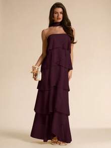 SHEIN BAE Dark Purple Layered Ruffle Hem Dress,Flowy Elegant Dress Suitable For Autumn Party Night,Vacation,Bridesmaid,Wedding,Spring/Summer Wear,Formal Gown - Purple - View 3