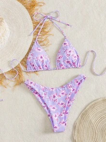 SHEIN Swim 2026春夏新款花卉印花性感露背掛脖綁帶比基尼兩件式泳衣套裝 - 淡紫色 - 查看 3