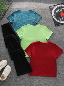 SHEIN 3pcs Kids Summer Casual Sports Style Geometric Pattern Round Neck Short Sleeve Top & Shorts 2-Piece Set, Suitable For Outdoor Sports, Indoor Leisure - Multicolor - View 3