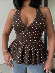 Alexandranx Women's Polka Dot Deep V-Neck Halter Backless Ruffle Hem Fashionable Versatile Vacation Party Top Polka Dot Top,Summer Top - Coffee Brown - View 5