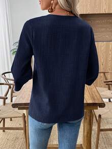 EMERY ROSE Women's French Embroidered Fashionable Versatile Blouse, Suitable For Vacation And Dates - Navy Blue - View 2
