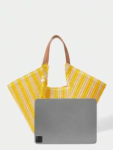 Boho Woven Straw Tote Bag, Large Capacity With Fringe And Striped/Smooth PU Handles For Beach, Vacation, Summer - Yellow - View 5