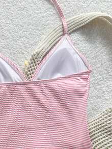SHEIN Bộ bikini hai mảnh kẻ sọc hồng dành cho thiếu nữ, thích hợp cho kỳ nghỉ biển. - Hồng - Xem 7