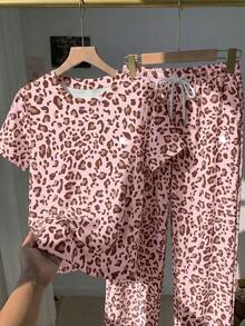 SHEIN EZwear 2pcs Set Embroidered Round Neck Short Sleeve Top And Striped Print Pants, Casual - Pink - View 3