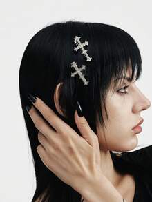 MortiRose Shiny Palace Style Chic Rhinestone Cross Metal Hair Clips, Stylish Side Bangs Hairpins, High-Quality Halloween  Hair Accessories, Head Accessories - Silver - View 3