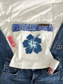 Glimmora Áo ống denim nữ thêu hoa dâm bụt, màu trắng, kiểu quây ngực không dây với cạp giả denim, áo crop top mùa hè dáng ôm Y2K. - Nhiều màu - Xem 1