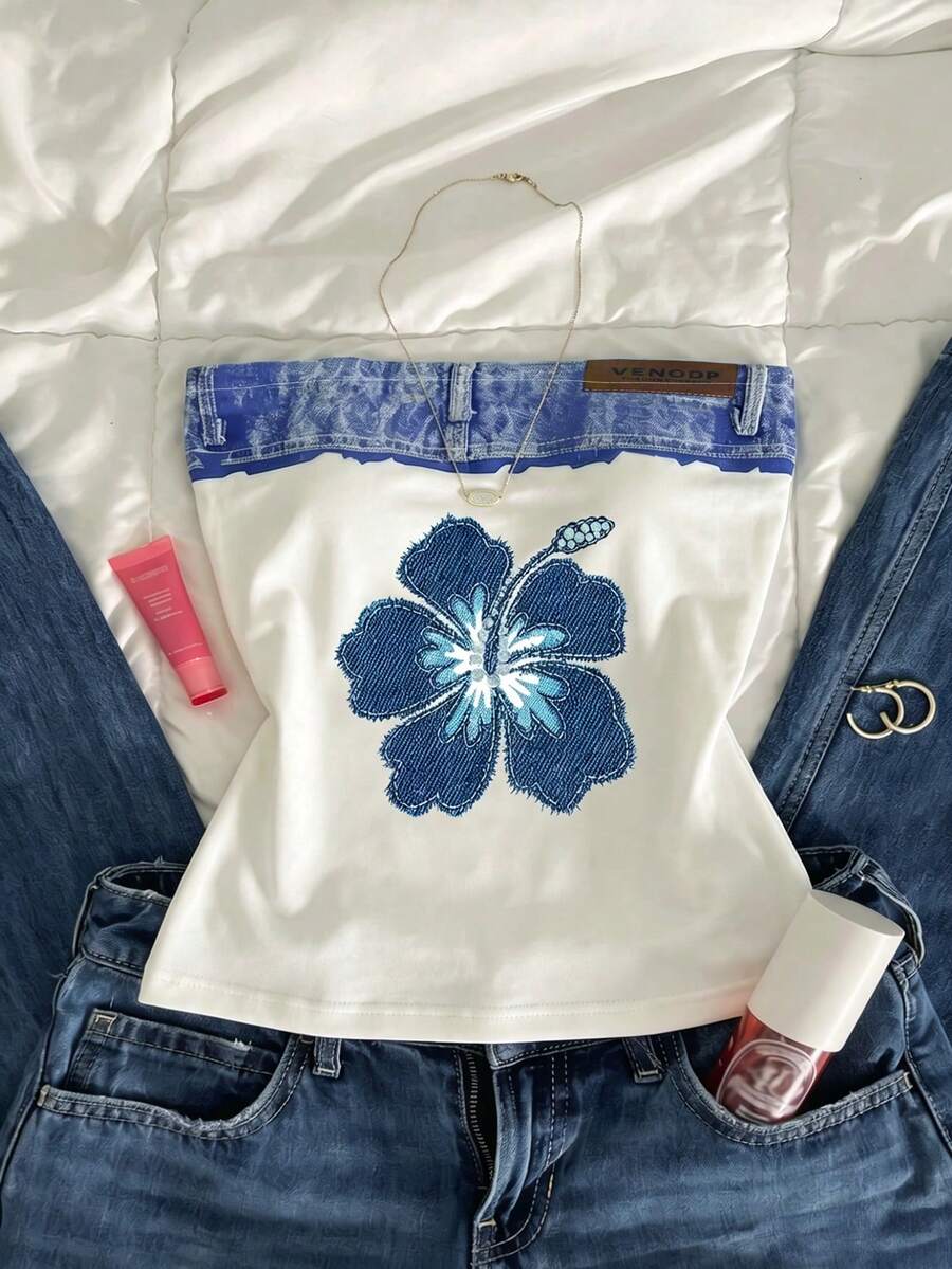 Glimmora Áo ống denim nữ thêu hoa dâm bụt, màu trắng, kiểu quây ngực không dây với cạp giả denim, áo crop top mùa hè dáng ôm Y2K. - Nhiều màu - Xem 1