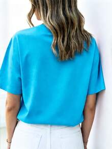 Camiseta de mujer, camiseta de manga corta con gráfico de estilo casual de calle, top de verano lindo - Azul - Ver 4
