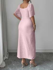 Modelyn Plus Size Women's Metal Buckle Contrast Color Draped Neck Chiffon Transparent Ruffle Sleeve Fitted Front Slit Elegant Curve Dress Wedding Guest Pink - Pink - View 3