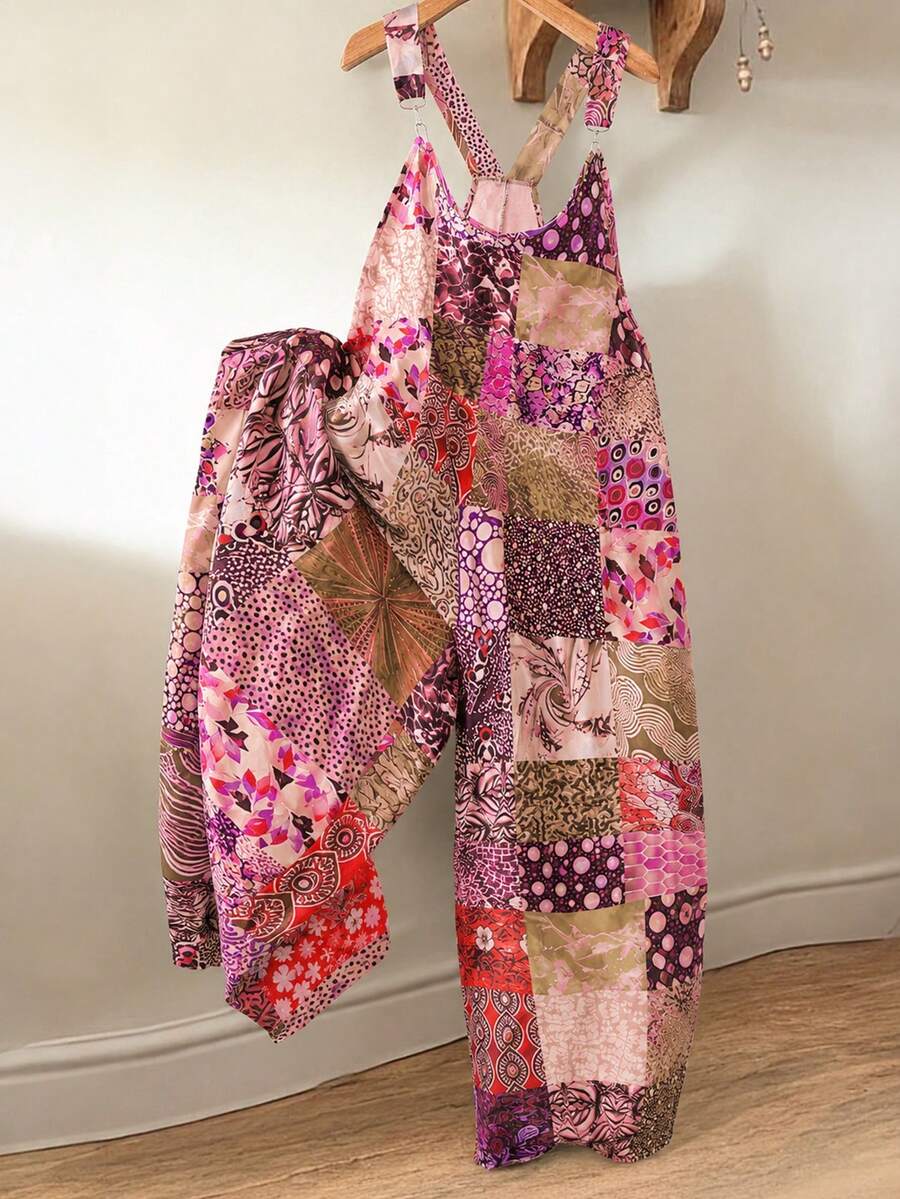 SHEIN Unity 大码女式休闲波西米亚风印花连体裤,适合度假 - 紅色 - 查看 1
